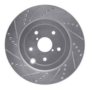 Subaru WRX STI Brake Rotor (1) - Rear Right - R1 Concepts - Drilled & Slotted - Silver - `18-`25